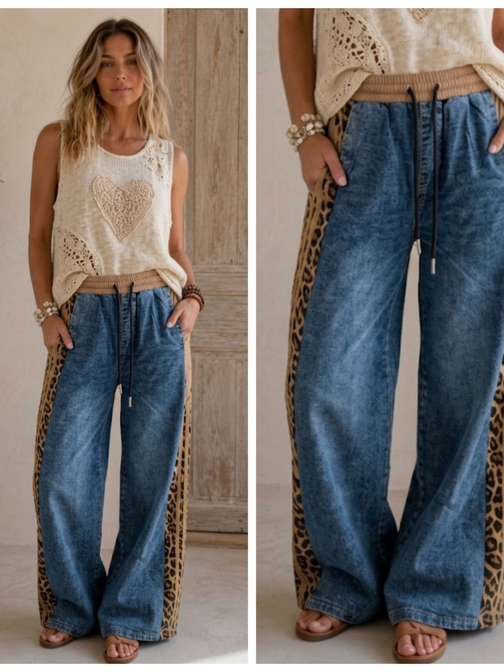 Wide-Leg Leopard Side-Stripe Jeans - Blue